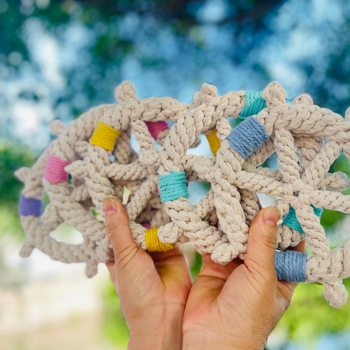 Handmade White Braided Rope Toy Ship Wheel, Sustainable Toy